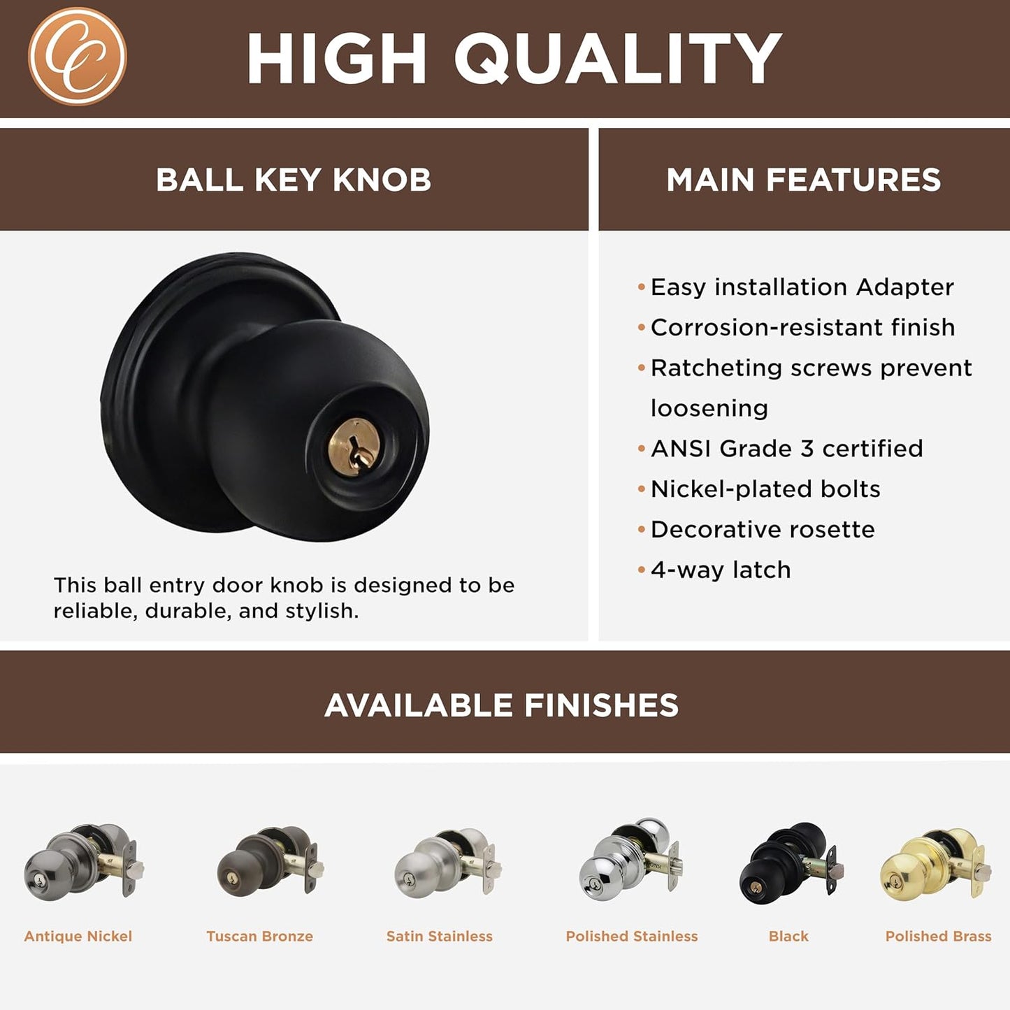 Copper Creek BK2040 Ball Door Knob, Entry Function, 1 Pack
