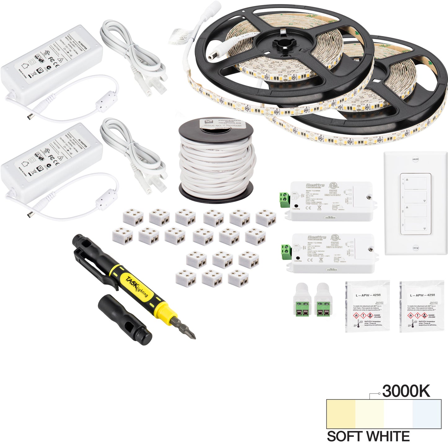 Task Lighting 32 Ft.. 225 Lumens/Ft. 12-volt Standard Output Duo Wireless Controller Tape Light Kit, 2 Zone 2 Area, Single-White, L-VK2Z2A-32-30