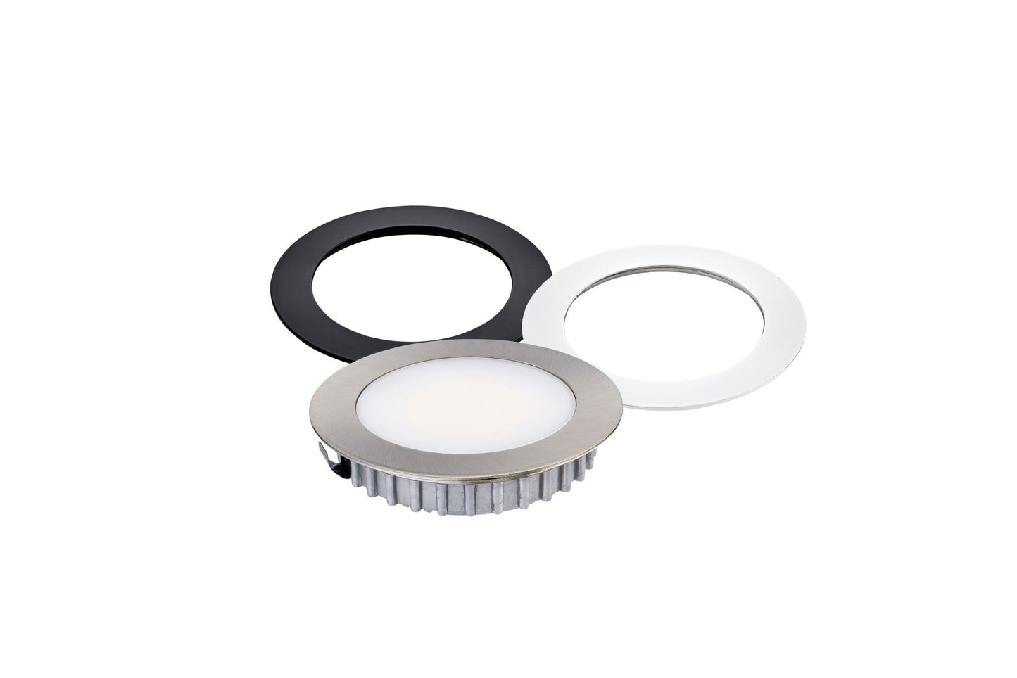 Tresco L-OPDM-12R50K-NBW-1 OptiPockit Dimmable, 12VDC Round, 3W, 5000K, NI/WH/BL Trims.