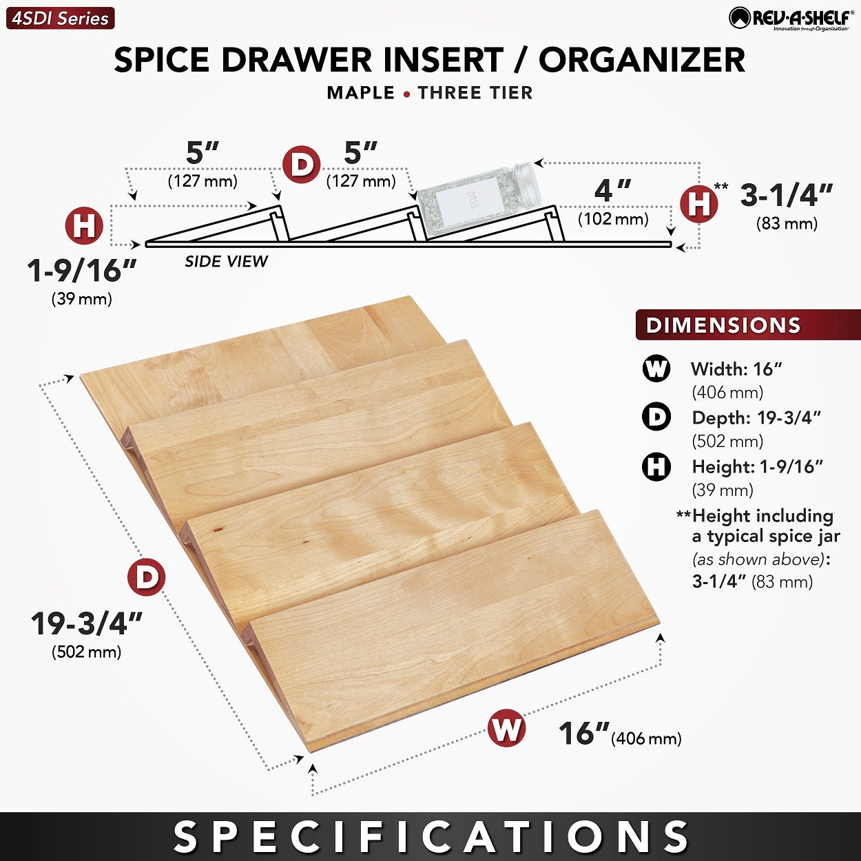 Rev-A-Shelf 16 in Wood Spice Drawer Insert 4SDI-18