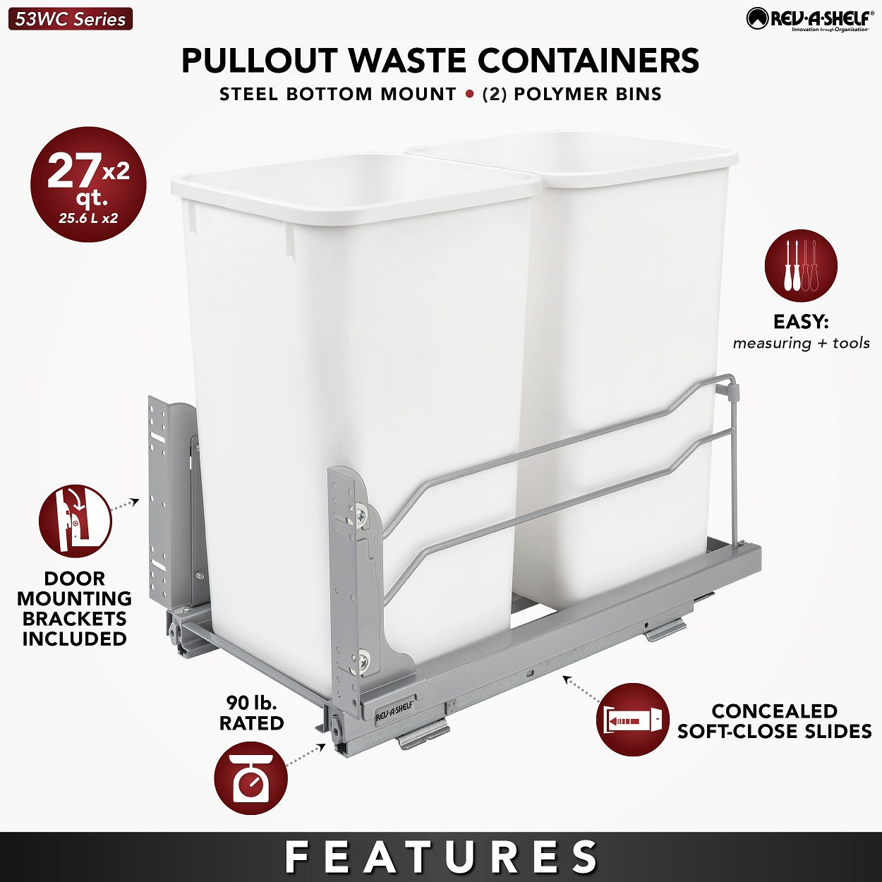 Rev-A-Shelf Double 27 Quart Pull-Out Waste Container Soft-Close 53WC-1527SCDM-217
