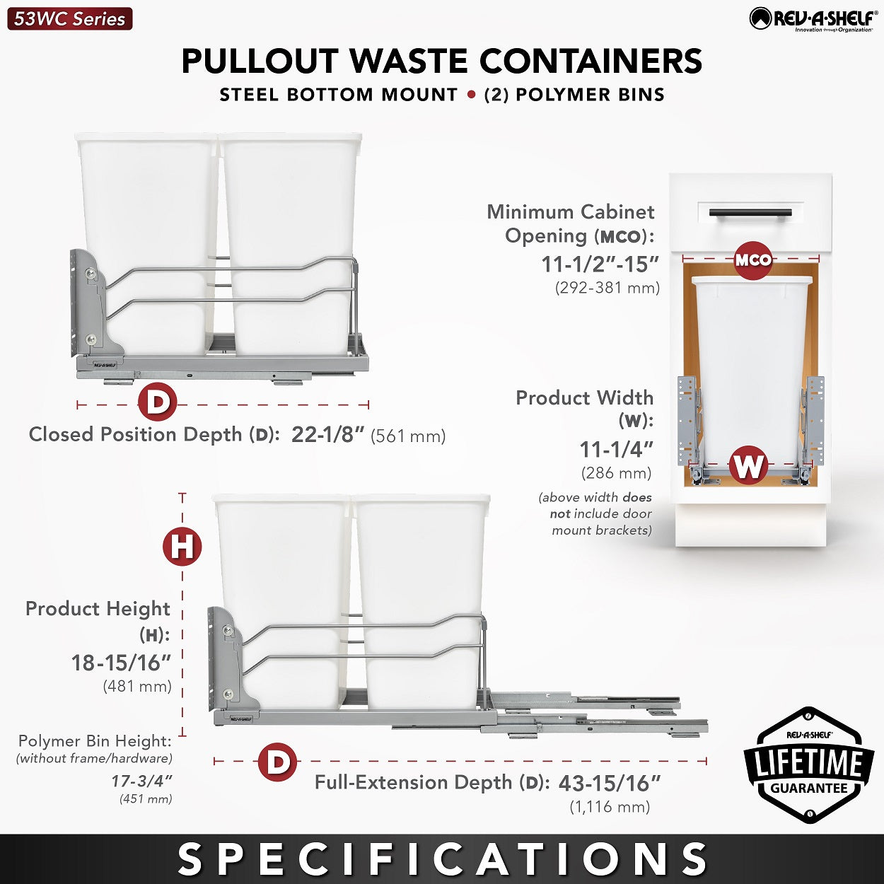 Rev-A-Shelf Double 27 Quart Pull-Out Waste Container Soft-Close 53WC-1527SCDM-212