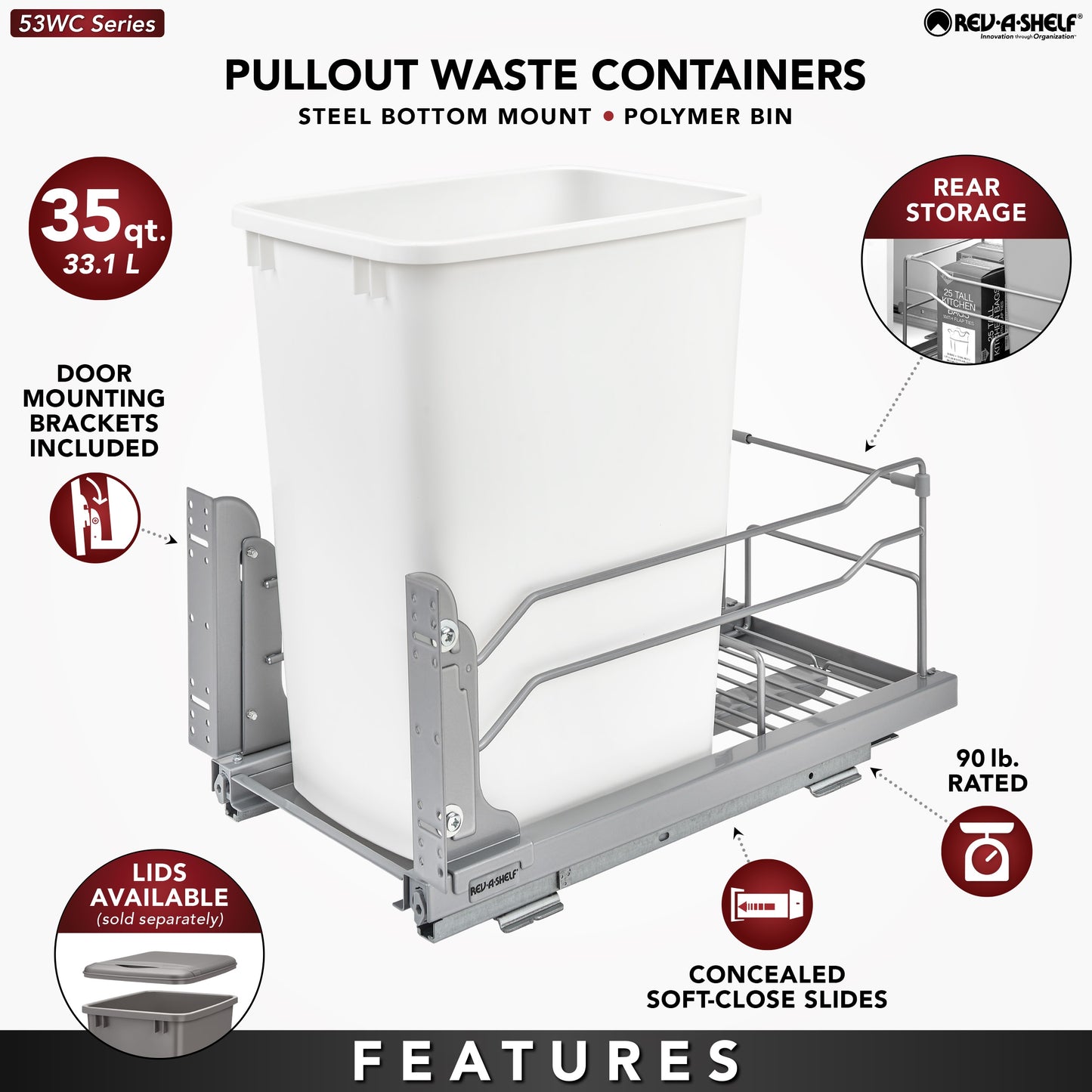 Rev-A-Shelf 35 Quart Pull-Out Waste Container Soft-Close 53WC-1535SCDM-112