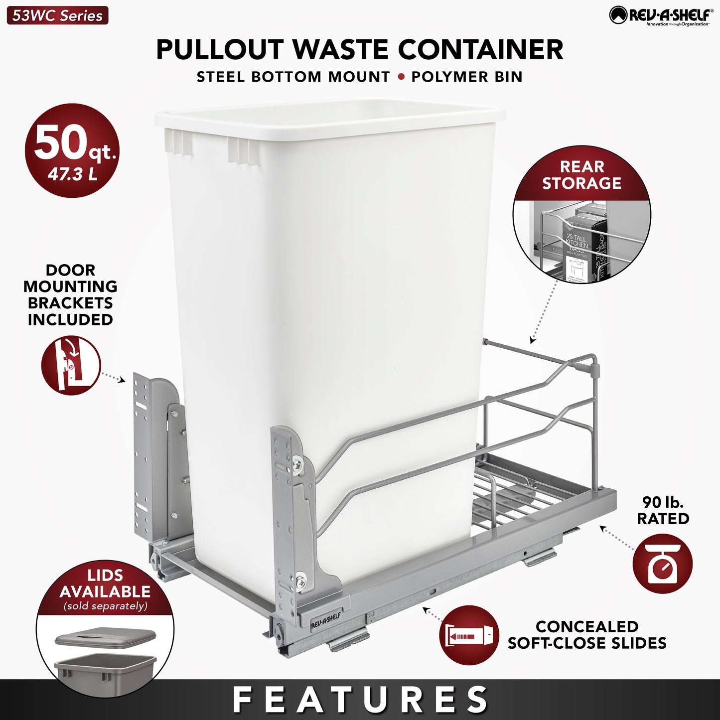 Rev-A-Shelf 50 Quart Pull-Out Waste Container Soft-Close 53WC-1550SCDM-112
