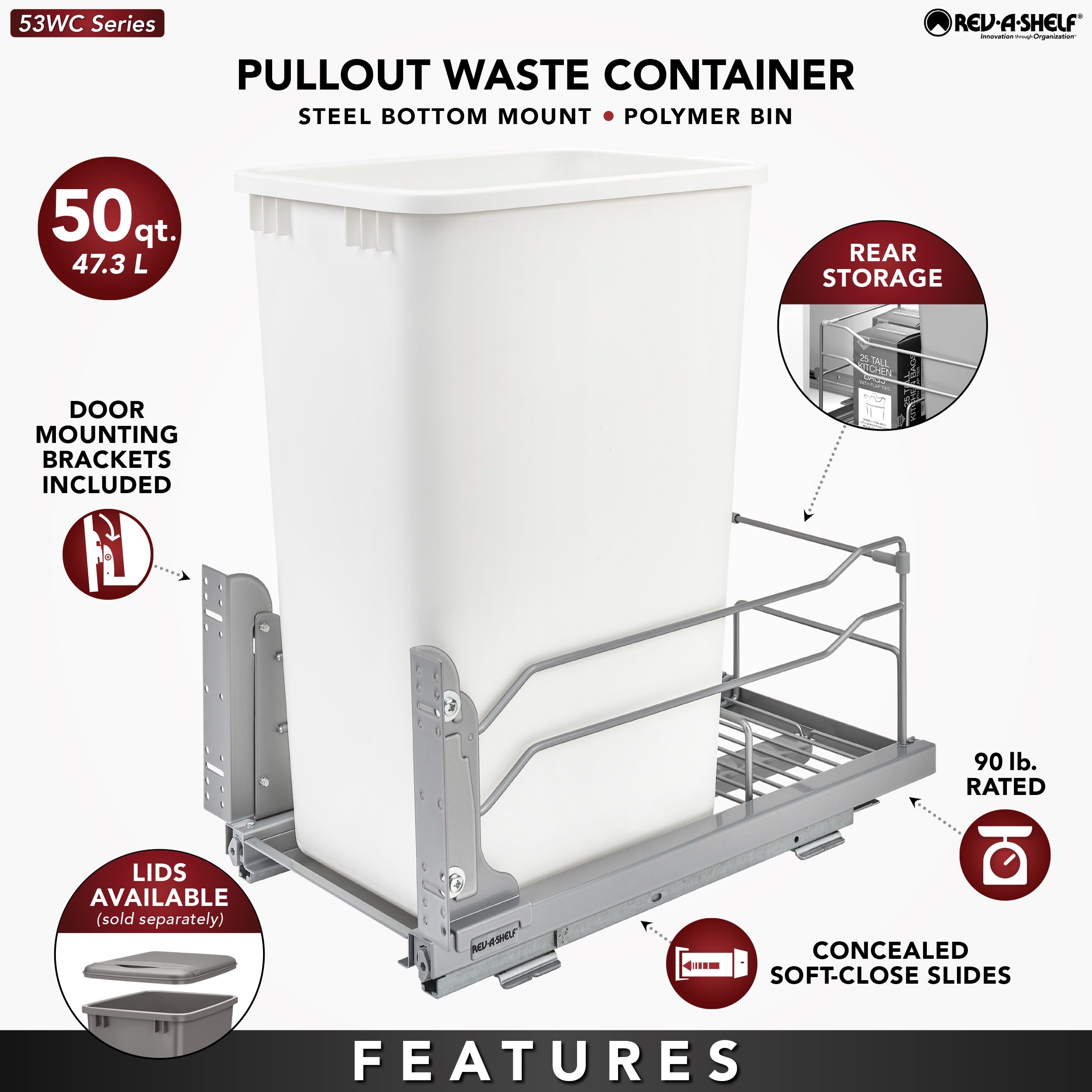 Rev-A-Shelf 50 Quart Pull-Out Waste Container Soft-Close 53WC-1550SCDM-117