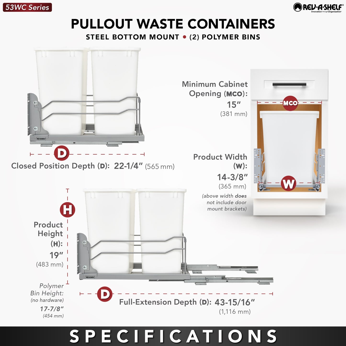 Rev-A-Shelf Double 35 Quart Pull-out Waste Container Soft-Close 53WC-1835SCDM-217