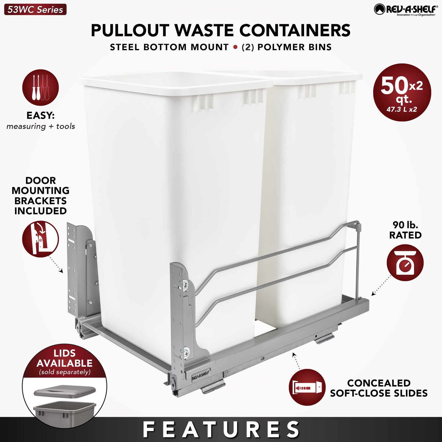 Rev-A-Shelf Double 50 Quart Pull-out Waste Container Soft-Close 53WC-2150SCDM-217