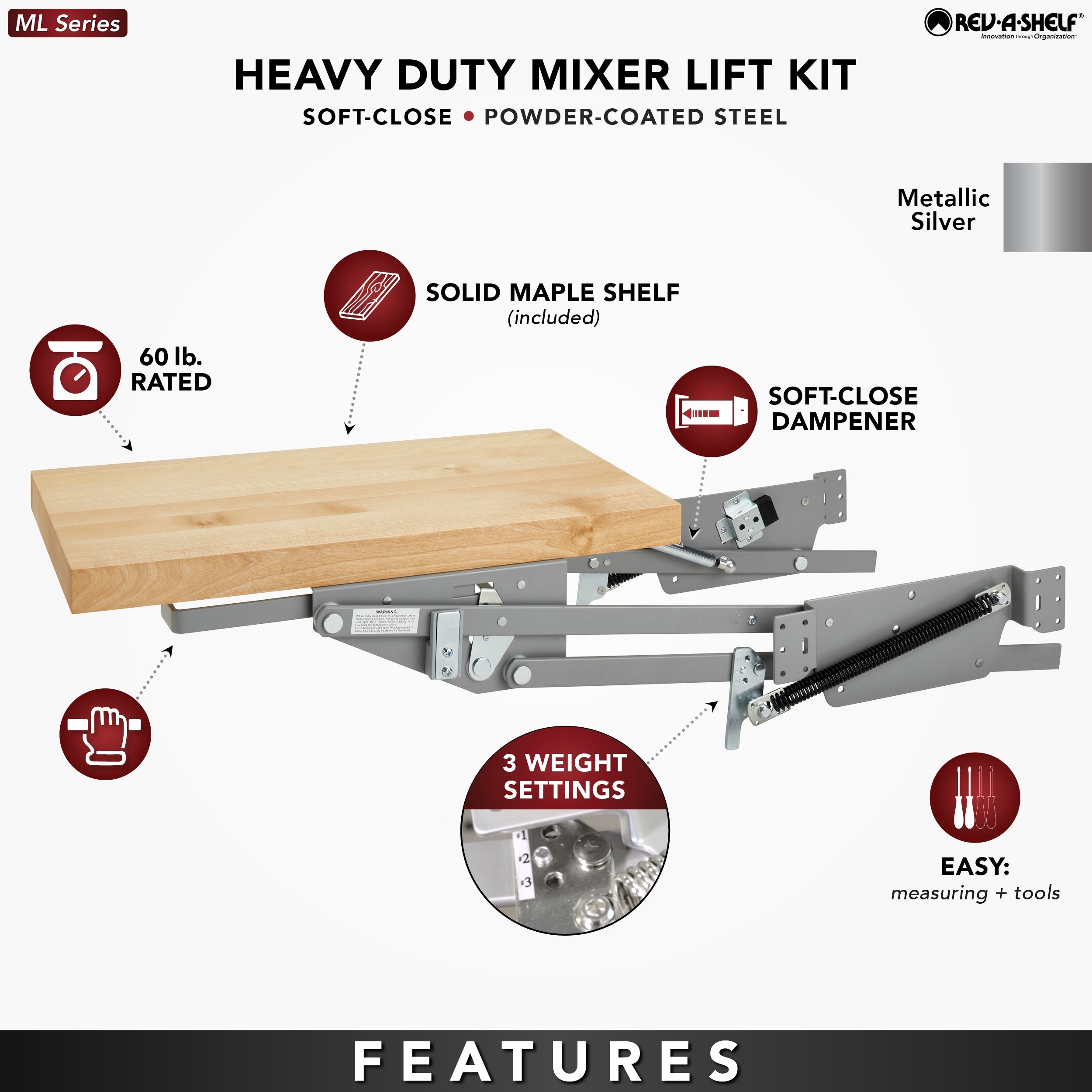 Rev-A-Shelf Heavy Duty Appliance Lift with Maple Shelf Soft Close -ML-MPHDSCCR-18