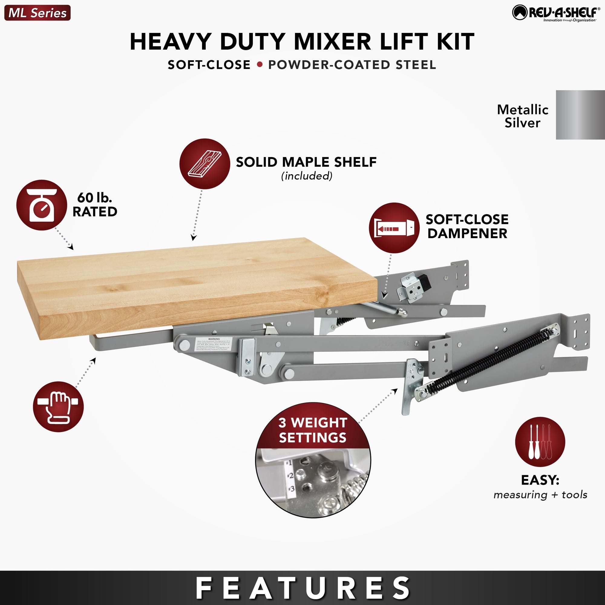 RevAShelf Heavy Duty Appliance Lift with Maple Shelf Soft Close MLM