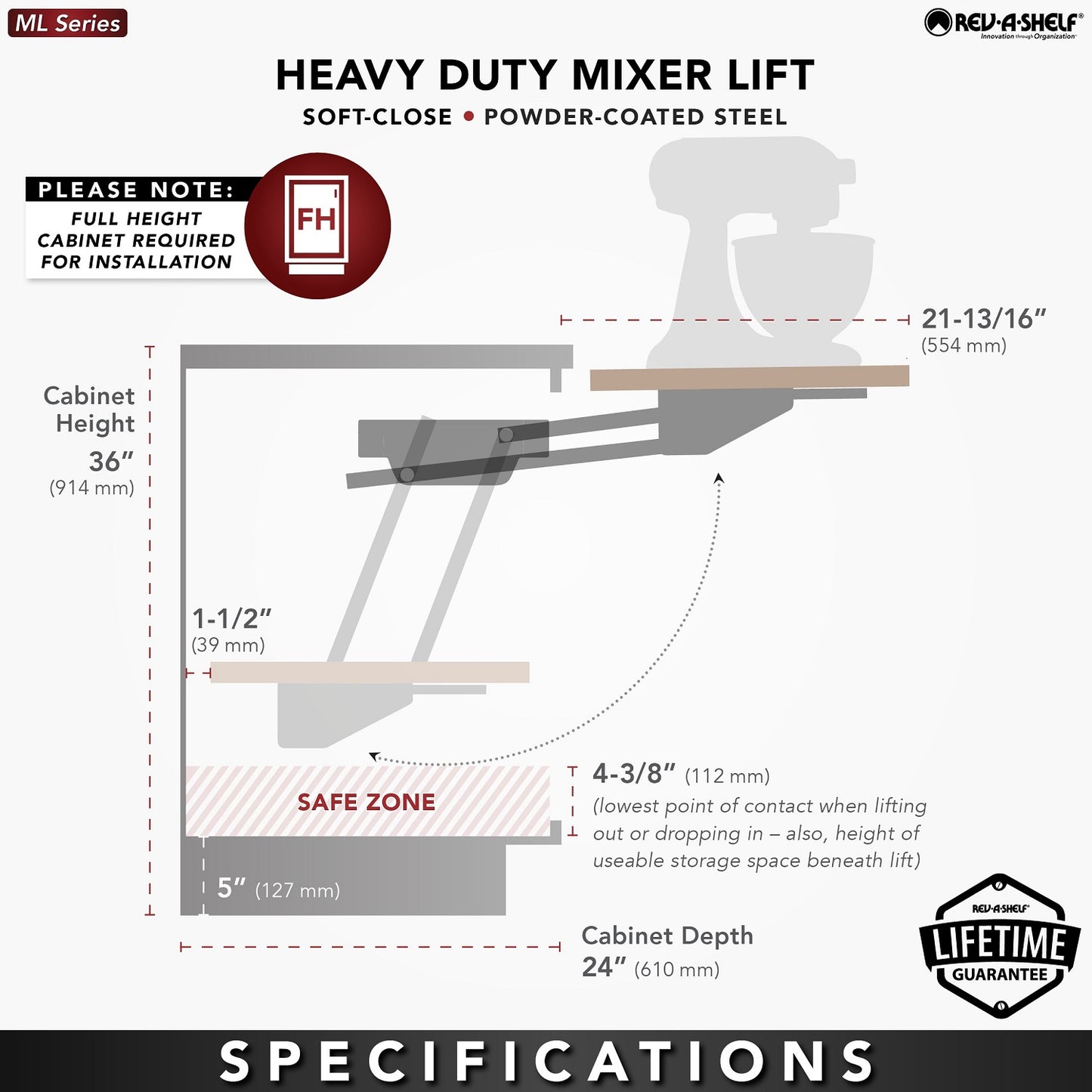 Rev-A-Shelf Heavy Duty Appliance Lift with Maple Shelf Soft Close ML-MPHDSCCR-18