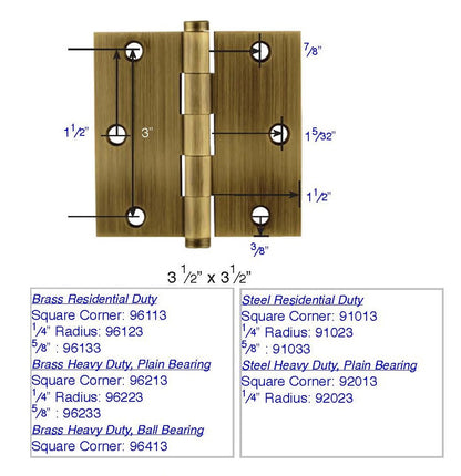 Emtek 91013 Steel Plain Bearing Hinge, 3.5" x 3.5", with Square Corners - Sold in Pairs